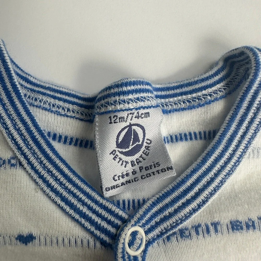 Petit Bateau 12M 74cm Blue White Striped Organic Cotton Short Sleeve Romper